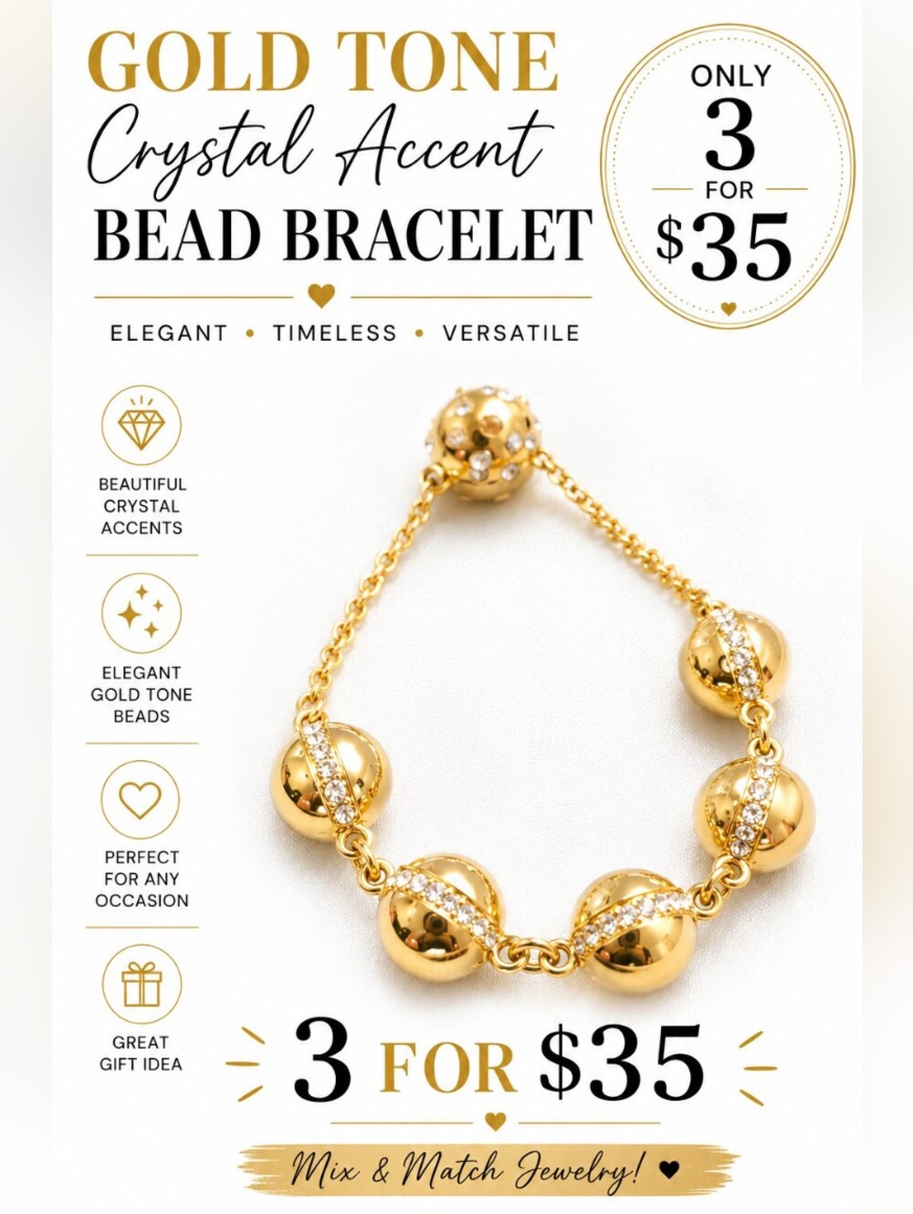 Gold Tone Crystal Accent Bead Bracelet Elegant Fashion Jewelry